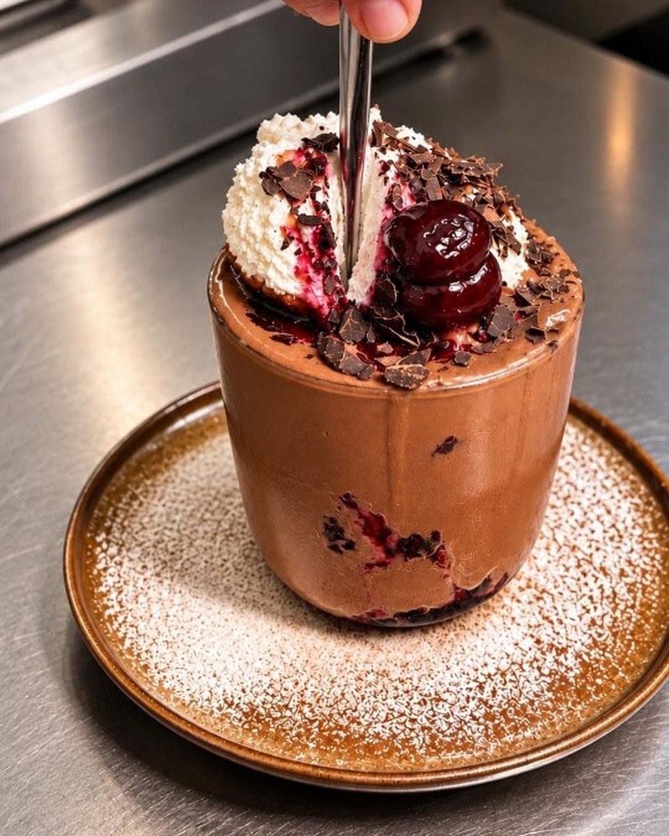 A glass of thick chocolate drink topped with whipped cream, cherries and chocolate shavings, on a plate dusted with sugar, with a spoon going in.