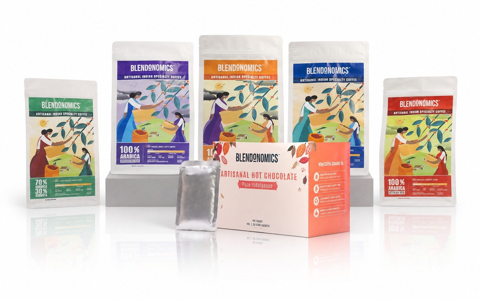 The Blendonomics range: five coffee packs, a hot chocolate box and a sachet.