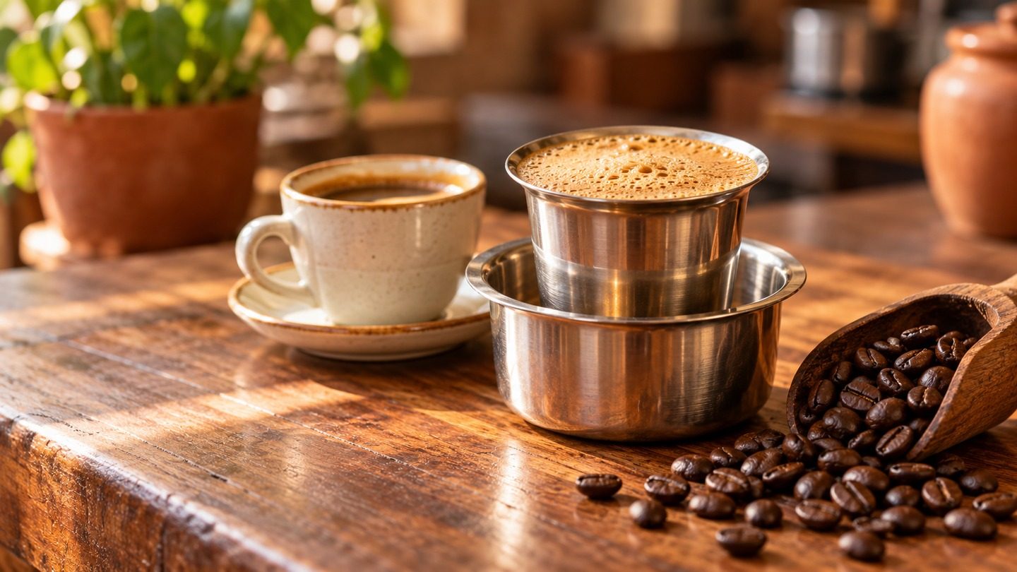 South Indian filter coffee in a steel tumbler and dabarah on a wooden counter, beside a cup of coffee and a wooden scoop of roasted beans.